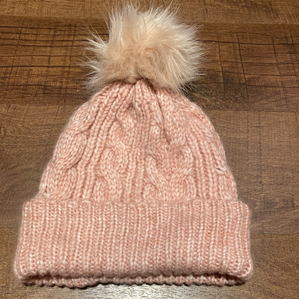 LOFT Blush Knit Beanie w/ Pom-Pom Wool Blend Cozy NWOT